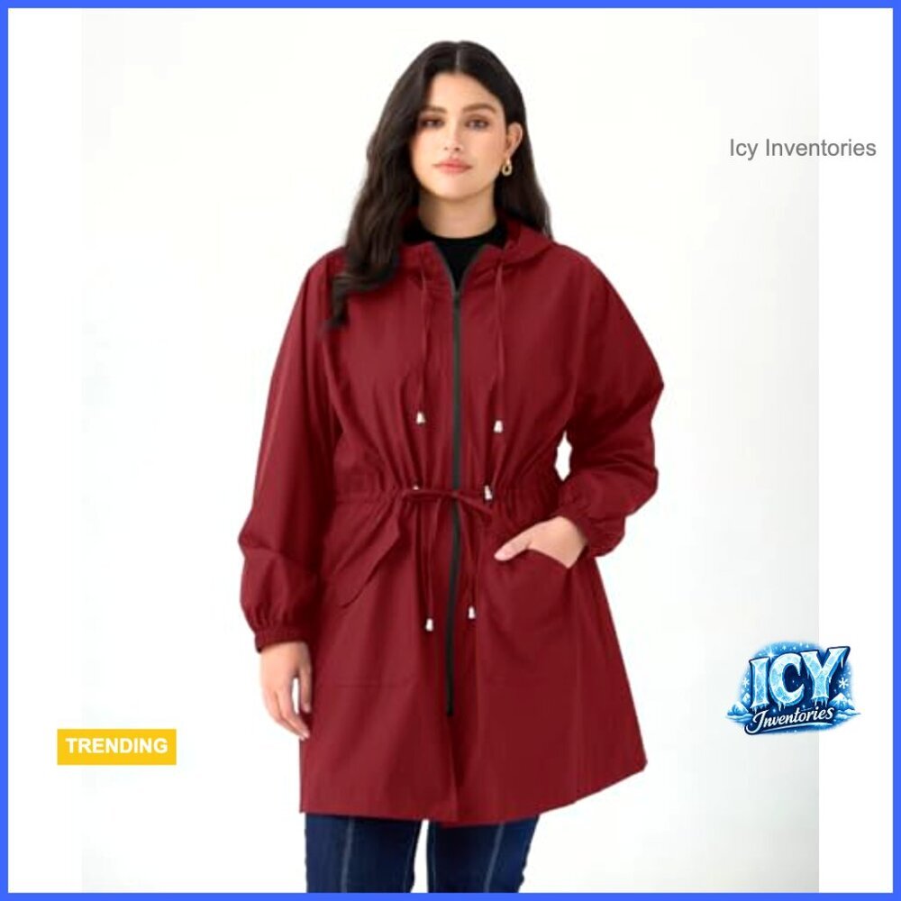 Lightweight Waterproof Rain Jacket Hooded Trench Coat 100% Polyester